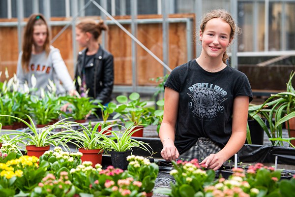 Meisje achter plantenbak in kas met op achtergrond 2 pratende meisjes
